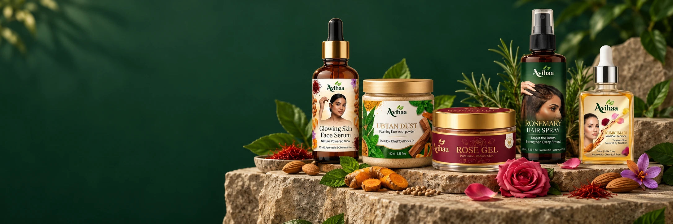 Avihaa products with botanicals on a stone ledge
